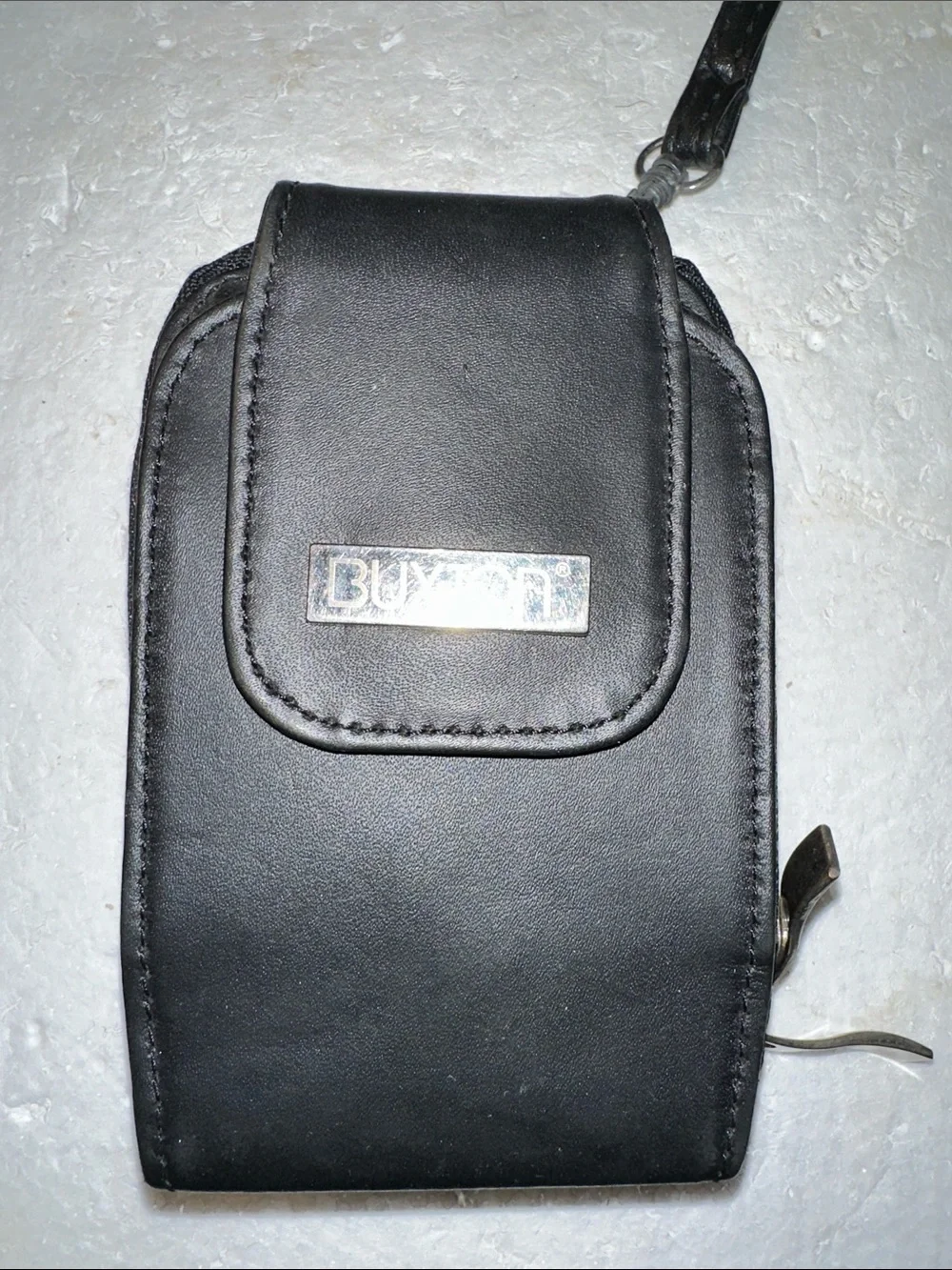 Vintage Buxton black leather wallet with cell pocket and detachable strap